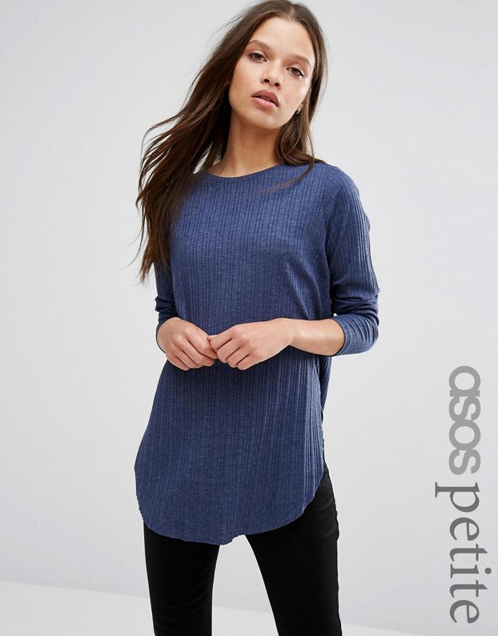 Asos Petite Long Sleeve Top With Side Splits And Curve Hem - Navy
