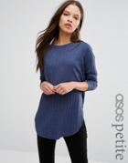 Asos Petite Long Sleeve Top With Side Splits And Curve Hem - Navy