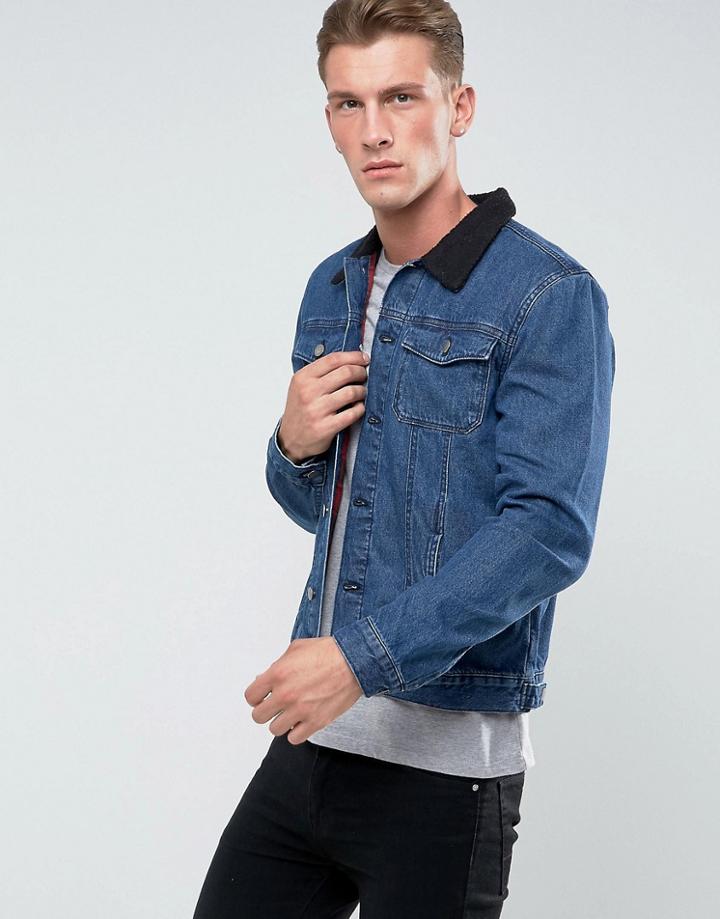 Another Influence Denim Jacket With Shearling Collar - Blue