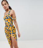 Asos Design Tall Twist And Cut Out Midi Dress In Bright Abstract Print - Multi