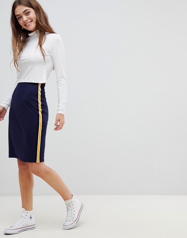 Brave Soul Paula Midi Pencil Skirt With Side Stripe - Navy