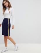 Brave Soul Paula Midi Pencil Skirt With Side Stripe - Navy