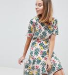 Fashion Union Petite Tea Dress With Tie Open Back In Tropical Print - Multi