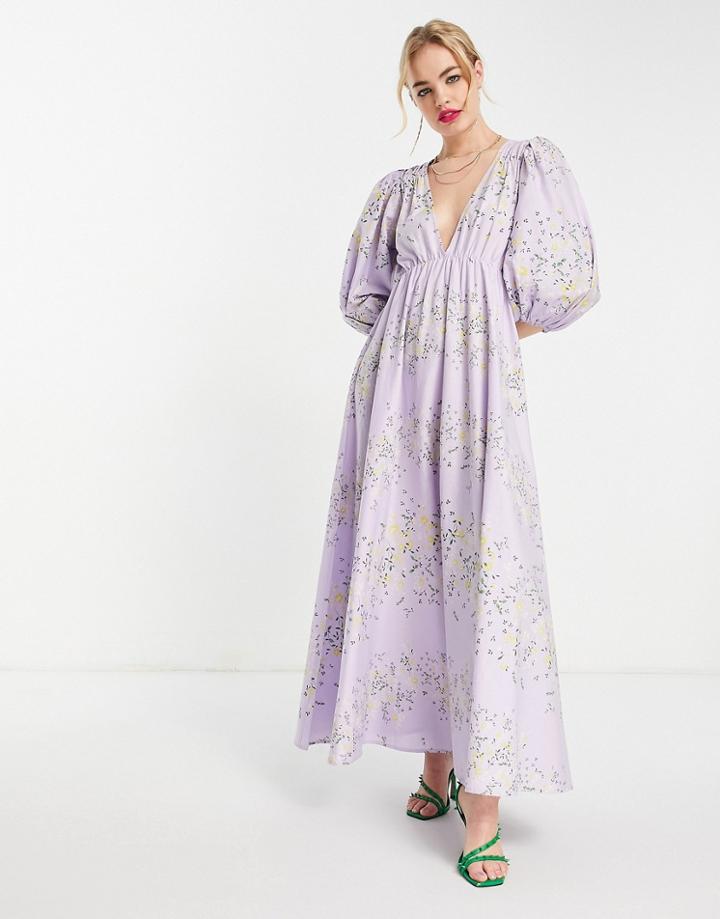 Asos Design Premium Puff Sleeve Poplin Midi Dress In Lilac Floral-multi