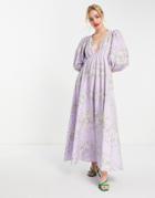 Asos Design Premium Puff Sleeve Poplin Midi Dress In Lilac Floral-multi