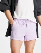 Asos Design Slim Shorter Shorts In Pastel Lilac Linen Mix-purple