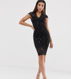 Flounce London Scalloped Sequin Lace Midi Dress With Cap Sleeve In Black