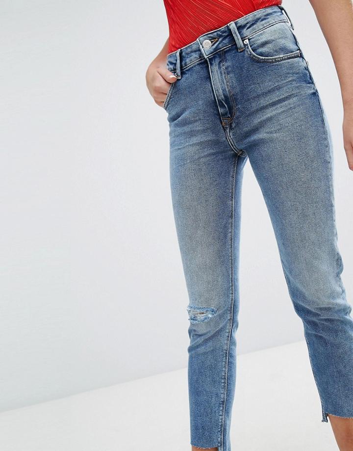 Bershka Distressed Freyed Hem Skinny Jean - Blue