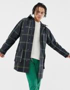 Asos Design Parka Jacket With Wax Finished Fabric In Green Check - Green