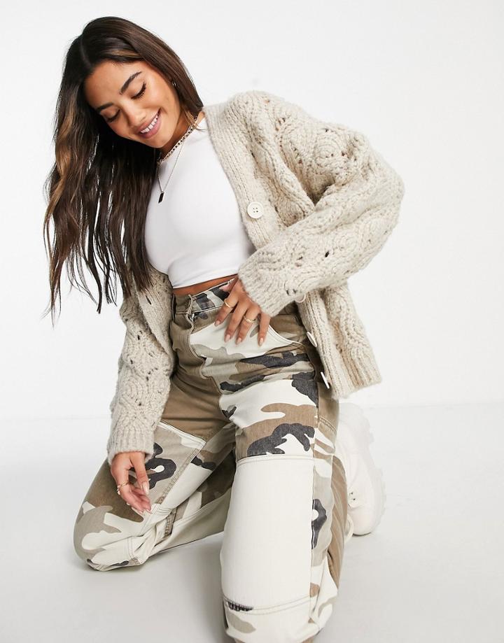 Topshop Knitted Stitchy Cardi In Mink-neutral