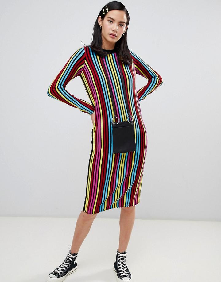 Asos Design Knitted Midi Dress In Bright Stripe With Long Sleeve - Multi