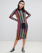 Asos Design Knitted Midi Dress In Bright Stripe With Long Sleeve - Multi