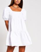 River Island Puff Sleeve Smock Tiered Mini Dress In White