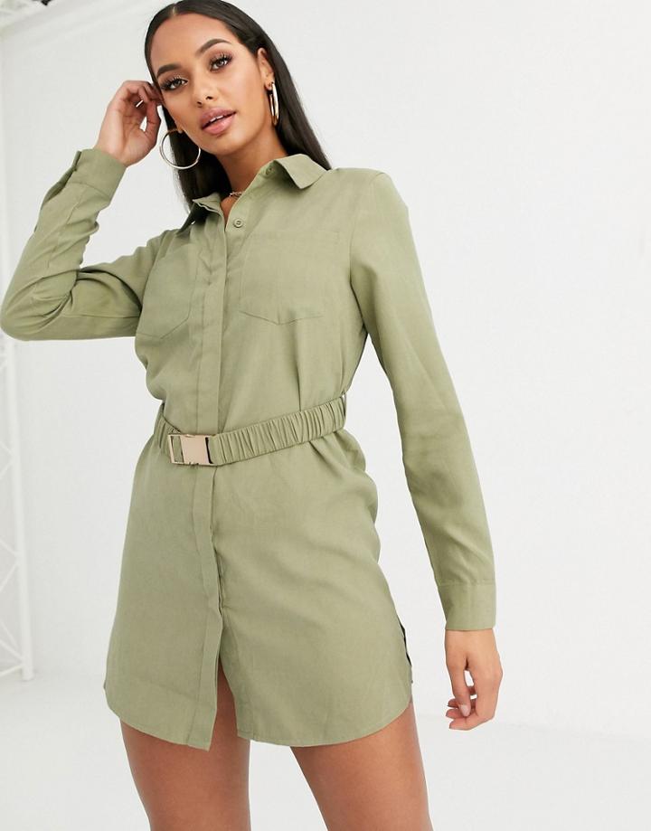 Missguided Belted Shirt Dress In Sage-neutral
