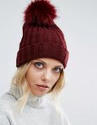 Missguided Faux Fur Pom Pom Beanie Hat - Red