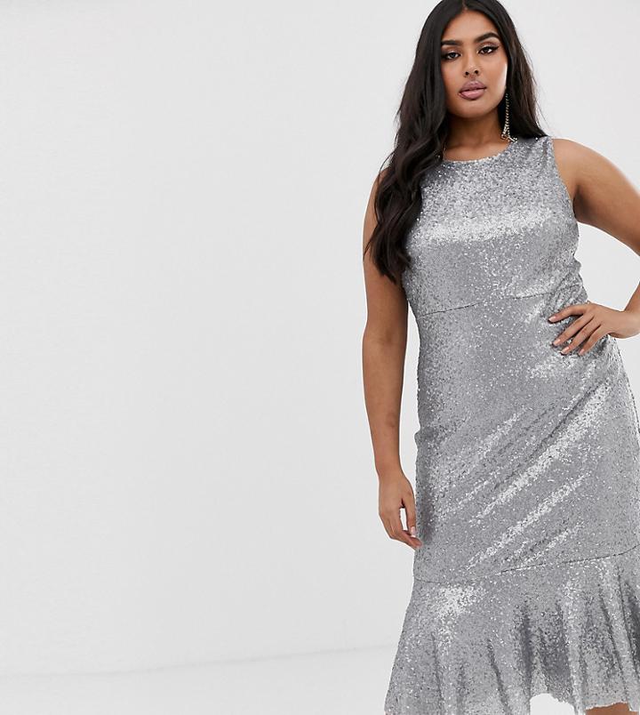 Club L Plus All Over Sequin Peplum Midi Dress-silver