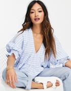 Asos Design Tiered Seersucker Smock Top In Blue Gingham-multi