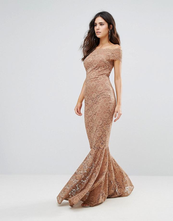 City Goddess Bardot Lace Fishtail Dress - Brown