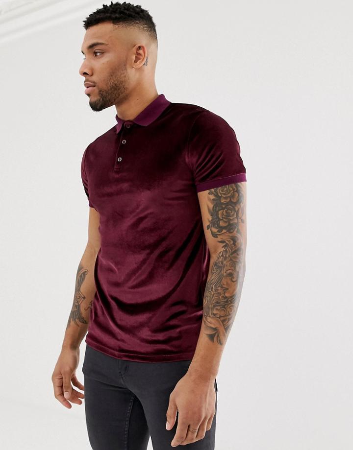 Asos Design Polo Shirt In Velour In Burgundy