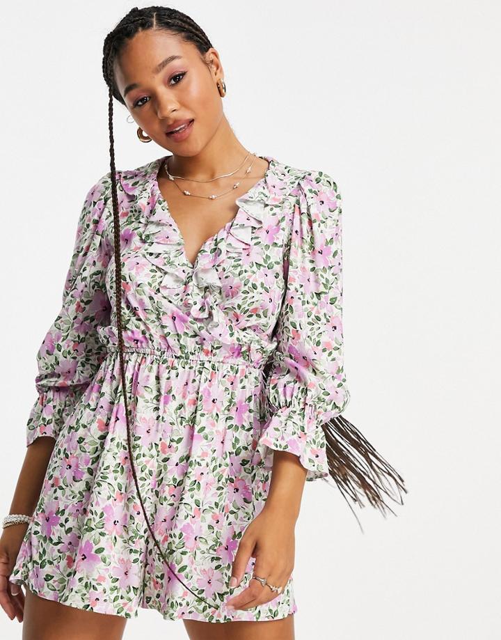 Miss Selfridge Frill Wrap Romper In Lilac Ditsy-purple