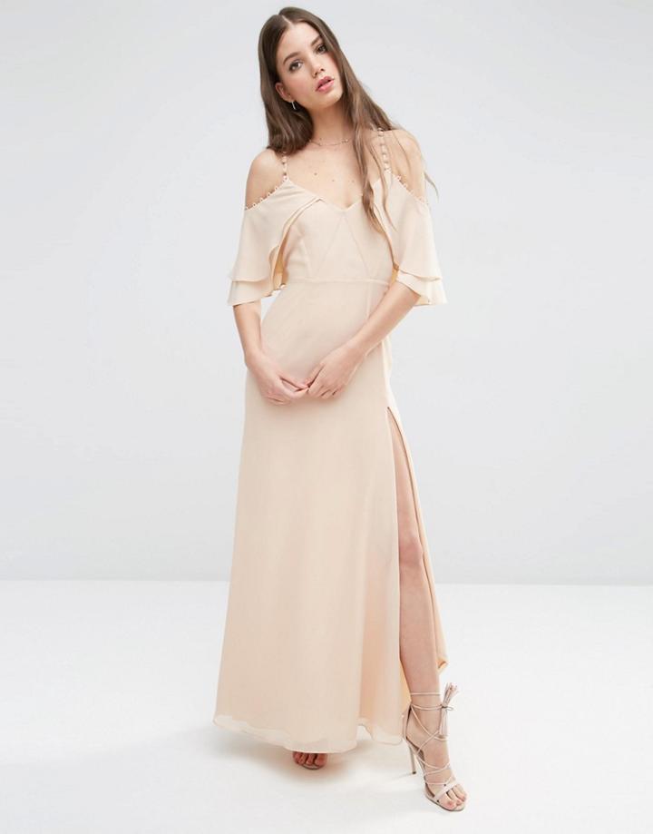 Asos Cold Shoulder Button Ruffle Maxi Dress - Nude