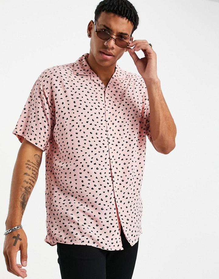 Jack & Jones Originals Short Sleeve Revere Collar Shirt In Pink Mini Animal Print