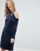 Pieces Cold Shoulder Glitter Velvet Mini Dress-navy