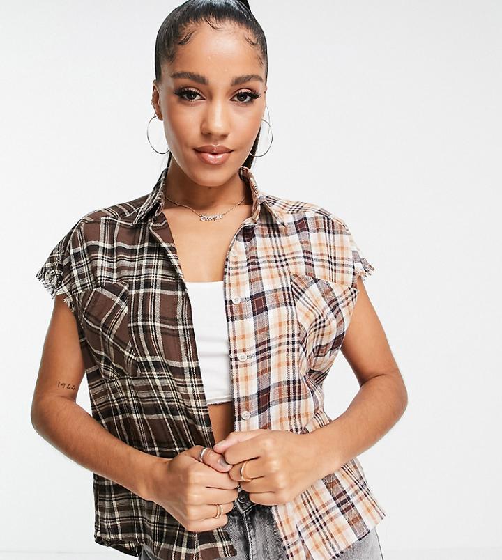 Sixth June Oversized Sleeveless Flannel Shirt In Brown Check Mix