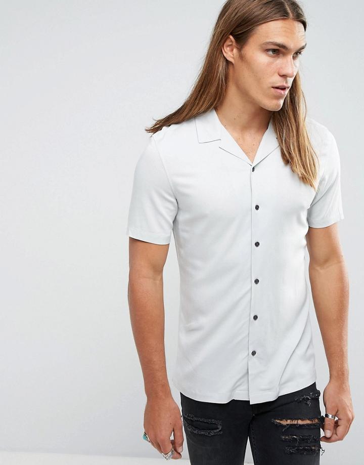 Asos Skinny Viscose Shirt With Revere Collar In Blue - Blue