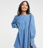 Asos Design Petite Soft Denim Puff Sleeve Smock Dress In Midwash-blues