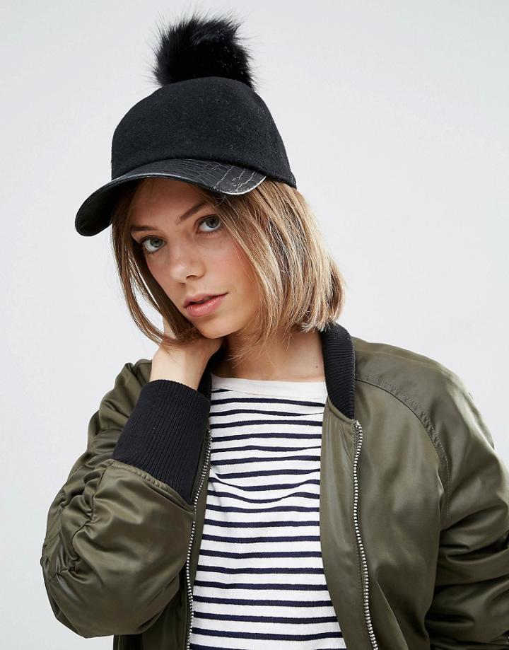 7x Wool Mix Baseball Cap With Removeable Faux Fur Pom Pom - Black