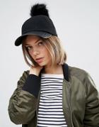 7x Wool Mix Baseball Cap With Removeable Faux Fur Pom Pom - Black