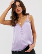 Asos Design Lace Insert Satin Cami With Button Front - White