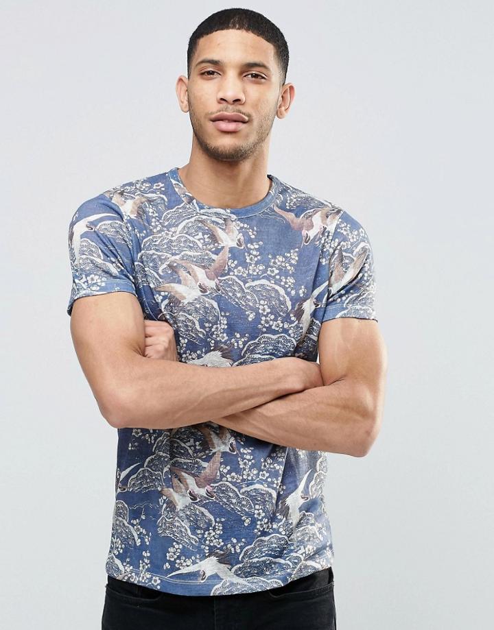 Asos T-shirt With Floral And Bird Print In Linen Look Fabric In Navy - Navy