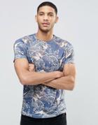 Asos T-shirt With Floral And Bird Print In Linen Look Fabric In Navy - Navy