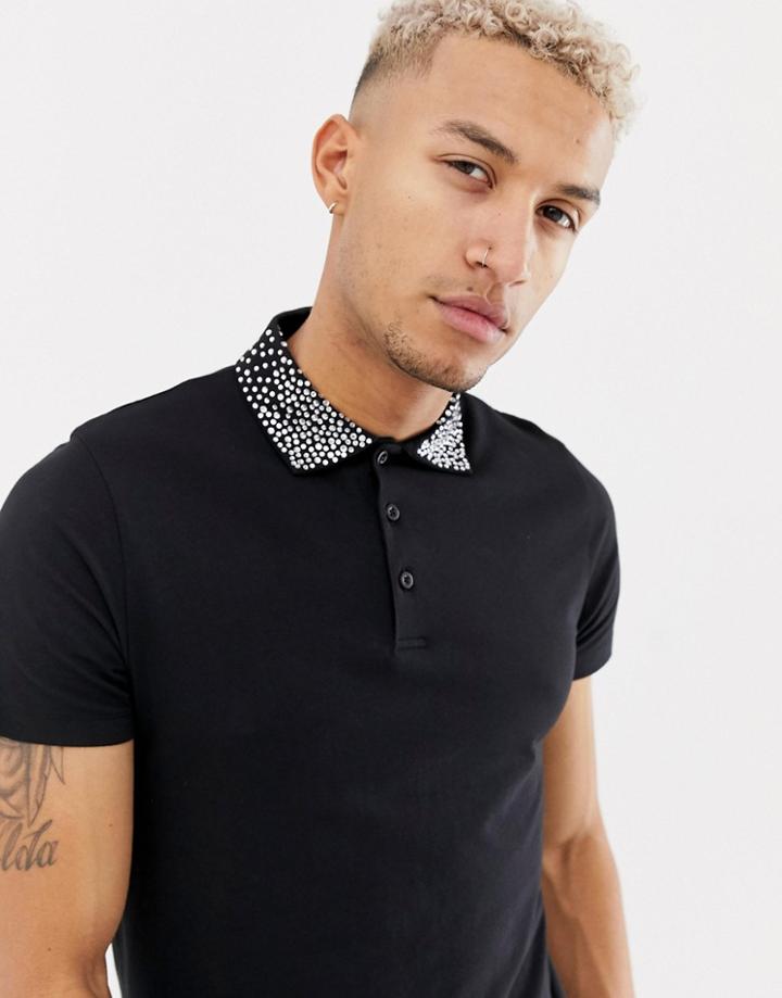 Asos Design Polo Shirt With Embellished Gem Collar In Black - Black