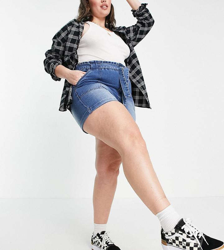 Urban Bliss Plus Paperbag Short In Mid Wash-blues