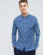 Asos Denim Shirt In Western Styling With Long Sleeves - Blue