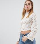 Asos Design Petite Top In Rib With Wide Sleeve In Ditsy Print - Multi