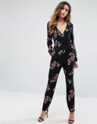 Missguided Wrap Printed Floral Jumpsuit - Black