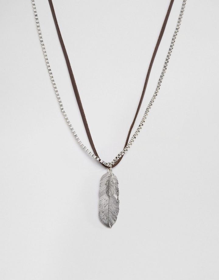 Asos Faux Leather Necklace With Feathers - Brown