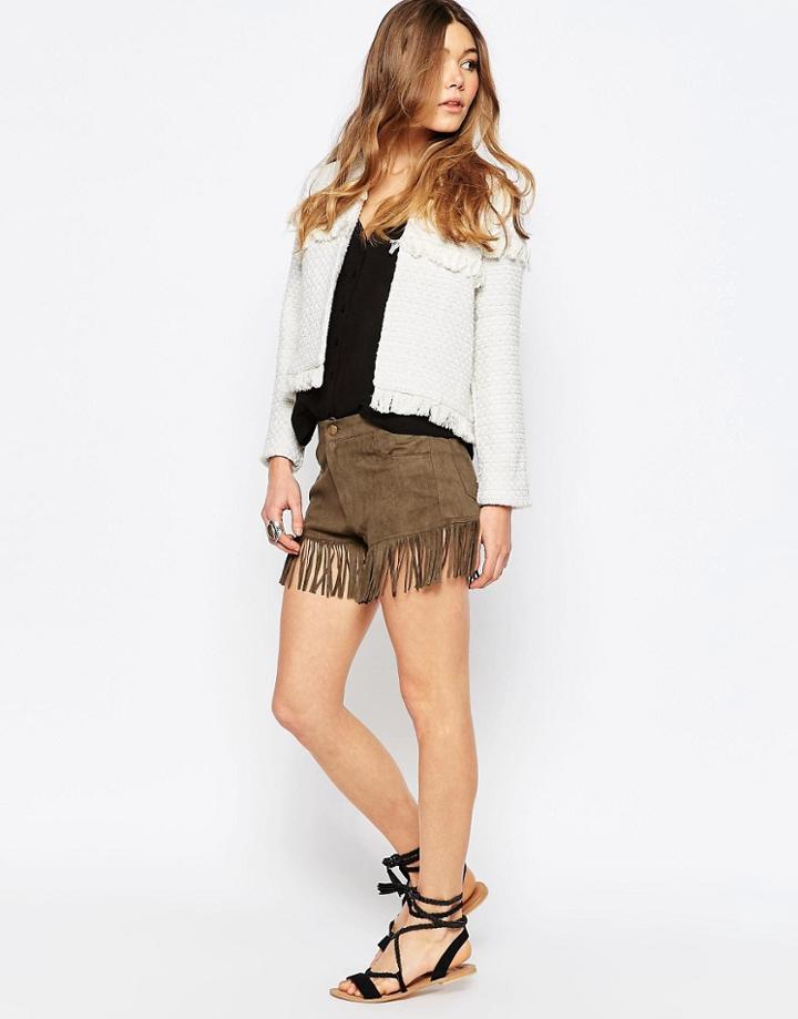 Liquorish Fringed Suede Shorts - Khaki