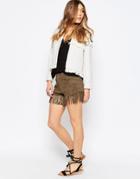 Liquorish Fringed Suede Shorts - Khaki