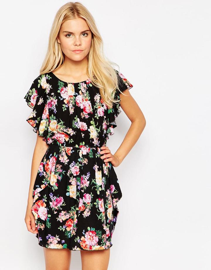 Ax Paris Floaty Dress In Floral Print - Black