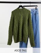 Asos Design Tall Heavyweight Cable Knit Half-zip Sweater In Khaki-green