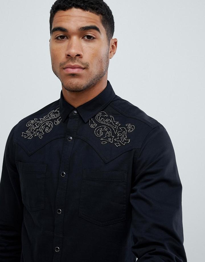 Asos Design Stretch Slim Denim Western Studded Shirt - Black