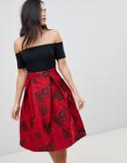 Ax Paris Off Shoulder Skater Dress With Printed Skirt - Multi