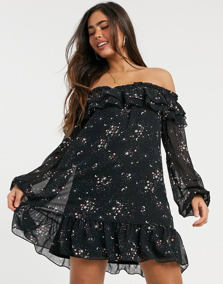Skylar Rose Off Shoulder Ruffle Shift Dress In Celestial Print-black
