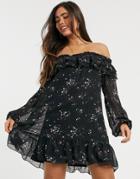 Skylar Rose Off Shoulder Ruffle Shift Dress In Celestial Print-black
