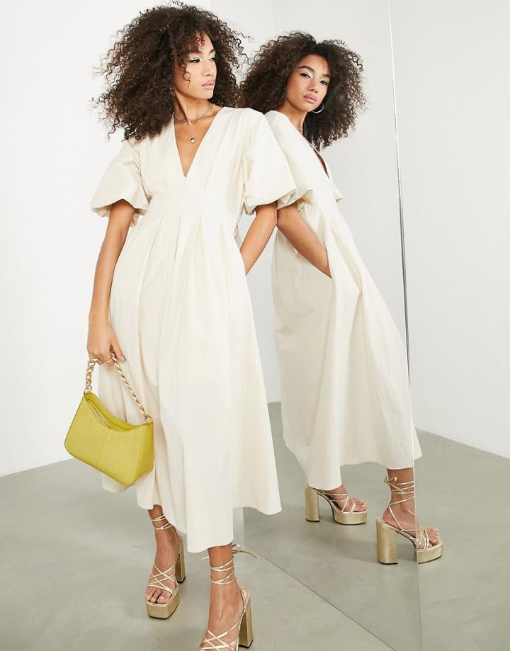Asos Edition Pleat Waist Midi Dress With Blouson Sleeve In Cream-white